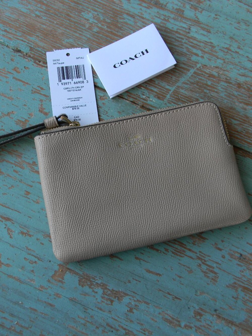 Coach 58032 Corner Zip Wristlet TAUPE Crossgrain Leather NEW $78